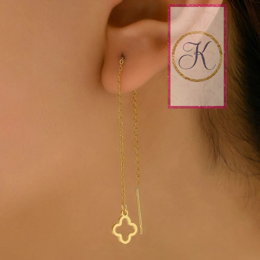 Clover Threader Earrings 🍀, Clover Gold Earrings, 14K Gold Plated, 🍀